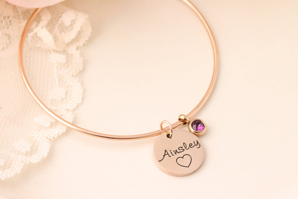 Name and Birthstone Bracelet - Birthstone Jewelry - Gift for Teenager - Sweet 16 Bracelet - Gift for Daughter - Personalized Bangle -