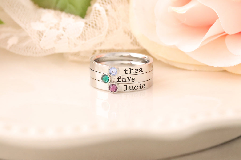Stackable Mothers Ring - Name Birthstone Ring - RIng with Names and Birthstones, Personalized ring Stacking mothers rings, stamped name ring