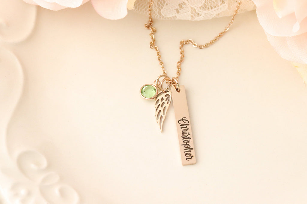 Personalized Memorial Necklace - Rose Gold Memorial Necklace - Angel Wing Memorial Necklace - Custom Memorial Necklace- Memorial Jewelry