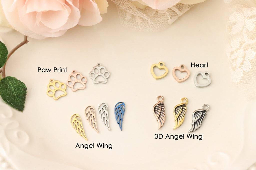 Paw Print Charm - Rose Gold Angel Wing Charm - Silver Angel Wing Charm - Gold Angel Wing Charm - Rose Gold Heart Charm - Silver Heart Charm